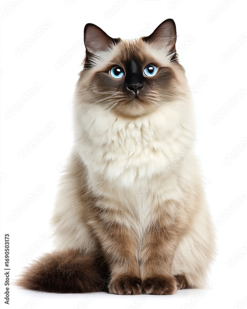 A fluffy, long-haired cat sits facing forward. The feline has light cream fur, with dark brown accents on its face, ears, tail and paws, and bright blue eyes A fluffy, long-haired cat sits facing forward. The feline has light cream fur, with dark brown accents on its face, ears, tail and paws, and bright blue eyes