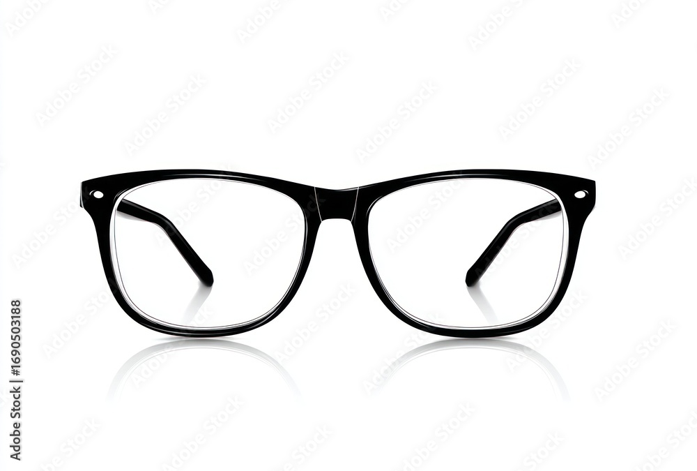 Fototapeta premium Isolated black rimmed glasses with clear lenses reflecting softly on a white surface, showcasing simple, modern eyewear design