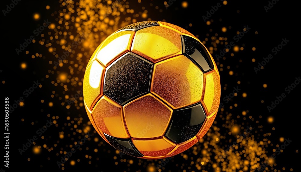 Fototapeta premium Gleaming golden soccer ball, black backdrop, gold glitter splatter , football, luxury