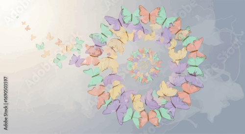 Whimsical spiral of colorful butterflies in a gentle flight, evoking a sense of wonder and transformation.
