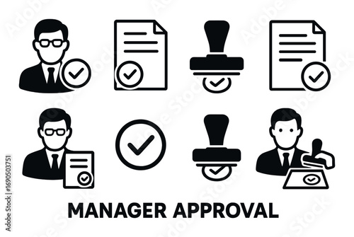 Business and approval icons featuring male figures and stamps