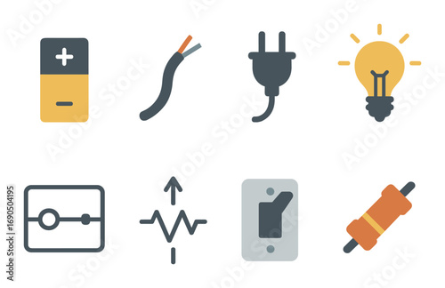 Electrical icons set: battery, wire, plug, bulb, circuit, wave, switch, resistor