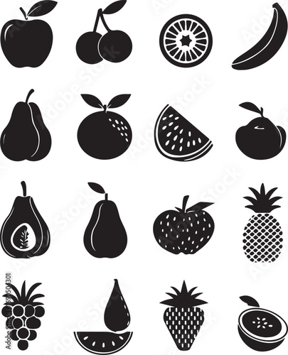 Monochrome Fruit Variety Still Life Collection Featuring Apple Cherries Orange and Tropical Fruits Offering a Healthy Lifestyle Choice