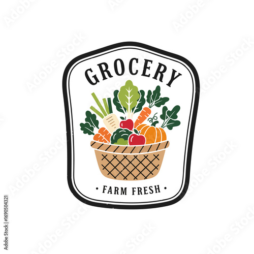 Vintage Grocery Logo, Badge Shape With Basket of Produce, Flat Vector, Strong Outline