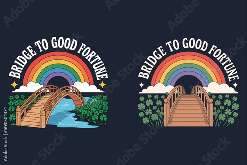 Wooden bridge rainbow clover lucky charm arch bridge
