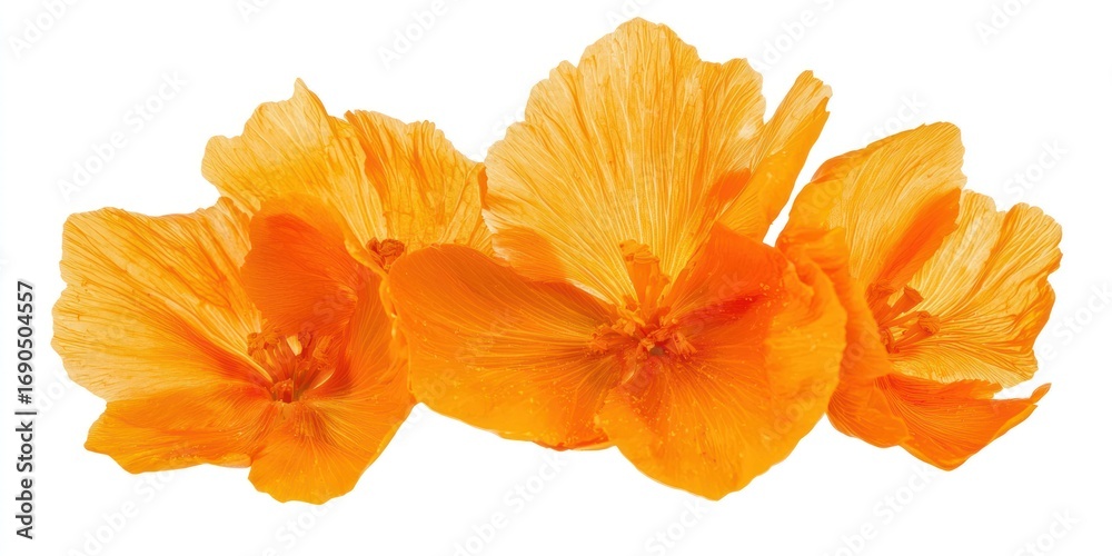 Fototapeta premium Three vibrant orange flowers with delicate, layered petals are arranged in a horizontal line against a stark white background. 