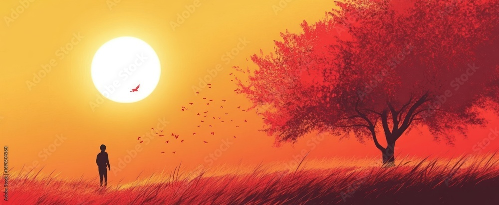 Obraz premium Solitary Figure in Golden Field with Red Tree and Birds at Sunset