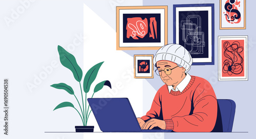 Elderly woman happily learning new digital skills on laptop in cozy home office