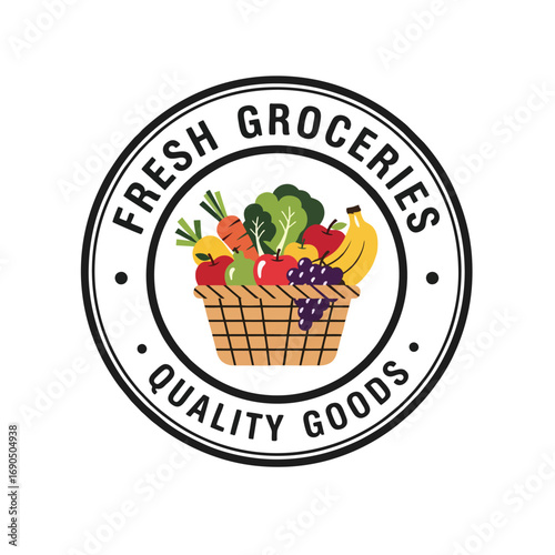 Vintage Grocery Logo, Circular Badge With Basket of Fruits and Vegetables, Bold Outline, Flat Vector