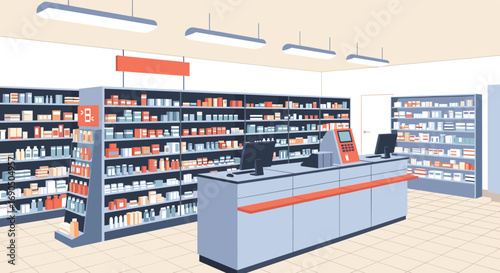 Modern pharmacy interior with shelves stocked with medicines and a checkout counter