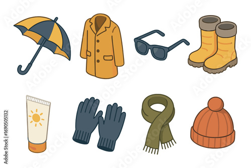Essential autumn gear: umbrella, jacket, sunglasses, boots, gloves, scarf, hat, sunscreen