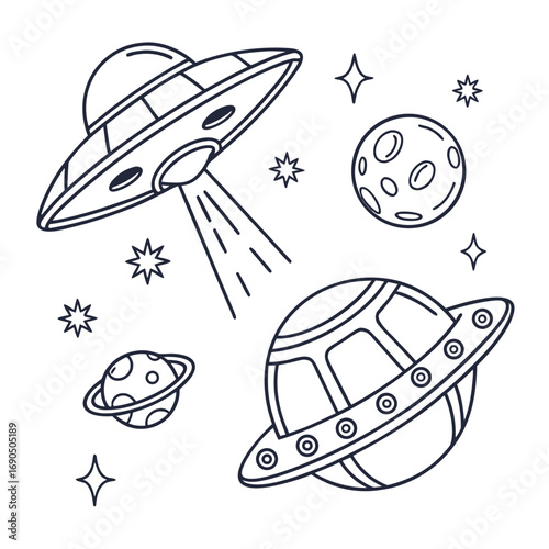 Hand drawn space elements isolated on white background planets, stars, and ufos in a doodle style for kids