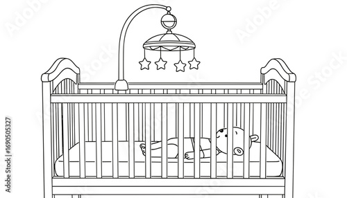 Baby lying in crib with mobile and stars above - Concept of coloring page  