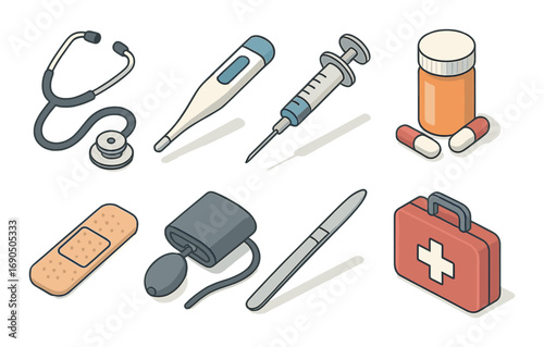 Medical equipment icons set featuring stethoscope, thermometer, syringe, pills, bandage, blood pressure monitor, scalpel, first aid kit