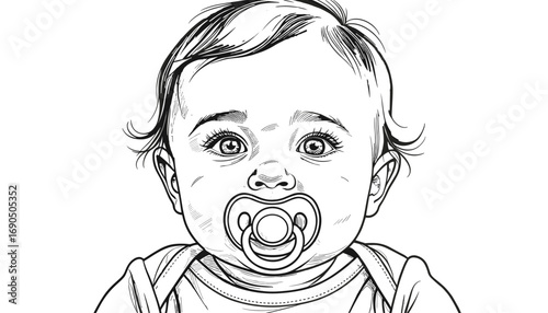 Baby with pacifier looking directly at the viewer in coloring page design  