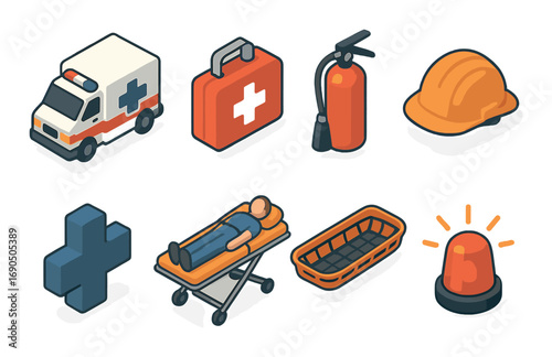 Emergency equipment icons: ambulance, first aid kit, fire extinguisher, stretcher, hard hat
