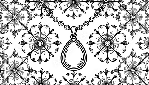 Simple necklace with pendant surrounded by floral design coloring page  