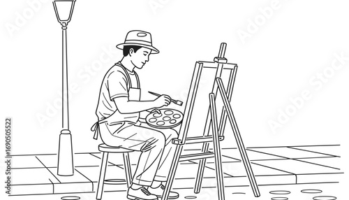 Painter creating art on street with easel and palette - Concept of coloring page  