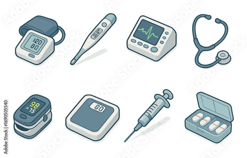 Assorted medical devices: blood pressure monitor, thermometer, ecg, stethoscope, oximeter, scale, syringe, pills