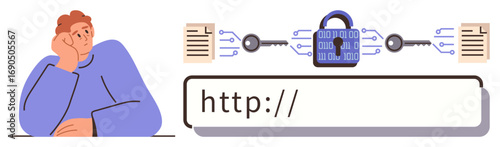 Thoughtful man considering data security, encryption lock connecting documents via circuitry, web URL text box. Ideal for cybersecurity, online privacy, data protection, encryption, secure browsing