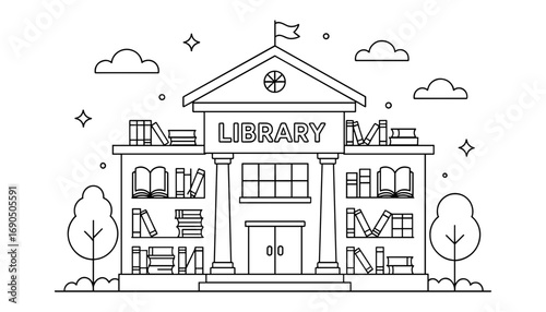 Library building illustration with books in coloring page concept  