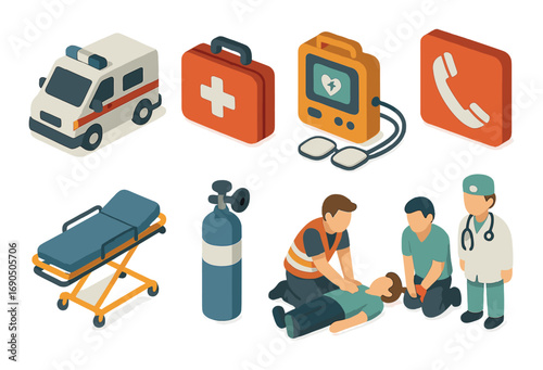 Emergency response elements: ambulance, medical gear, first aid personnel, oxygen tank, heart monitor