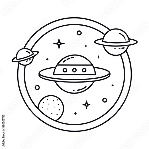 A line art illustration of a ufo in space with planets and stars isolated on white background