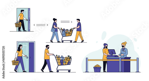Shoppers navigate store aisles and checkout safely with social distancing and masks
