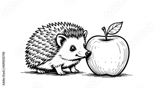 Tiny hedgehog next to an apple in a black and white outline style  