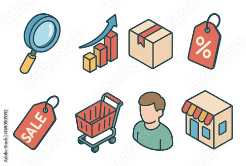 E-commerce icons: magnifying glass, growth chart, package, discount tag, shopping cart, storefront