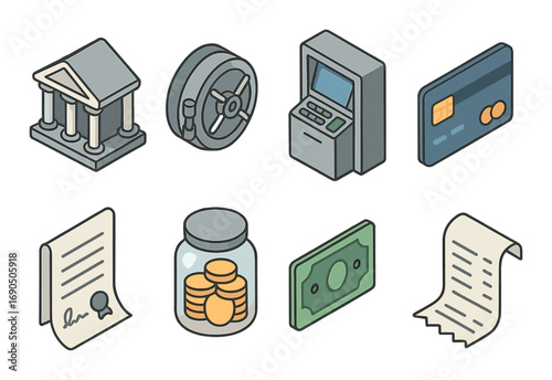 Financial icons set featuring bank, safe, atm, credit card, contract, coin jar, cash, and receipt