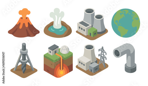 Illustrated energy sources icons including volcano, geothermal, nuclear, oil, and wind turbines