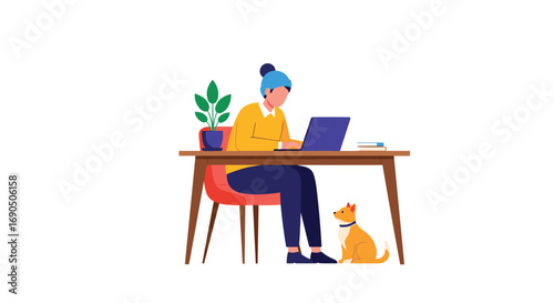 Focused person working remotely on laptop with loyal dog companion by their side