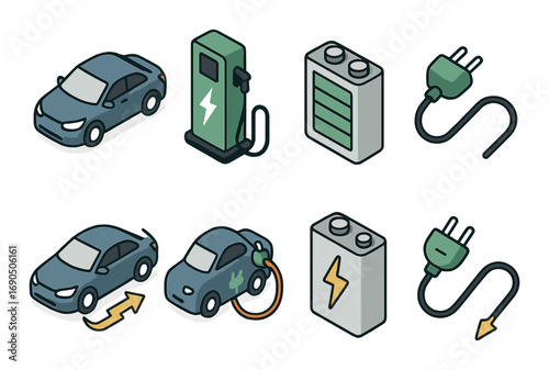 Electric vehicles and charging solutions: hybrid cars, charging stations, and battery icons