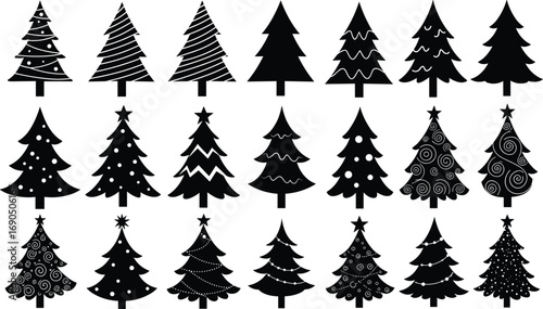 Decorated Christmas tree silhouettes with stars, dots, swirls, garlands, festive pine trees, holiday evergreen icons, winter vector collection