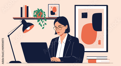 Focused businesswoman efficiently working on laptop in stylish modern office environment, achieving goals