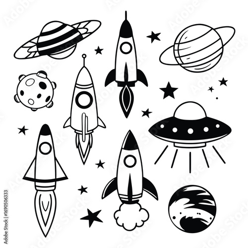 Hand drawn space elements isolated on white background, including planets, rockets, and ufos in a simple style