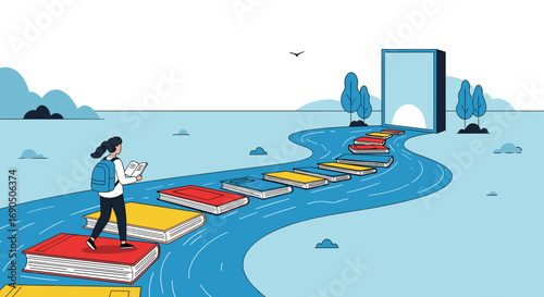 Student journeys toward knowledge, stepping on books across a flowing river towards a bright future.
