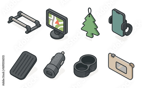 Essential car accessories illustrations: air freshener, gps, phone mount, charger