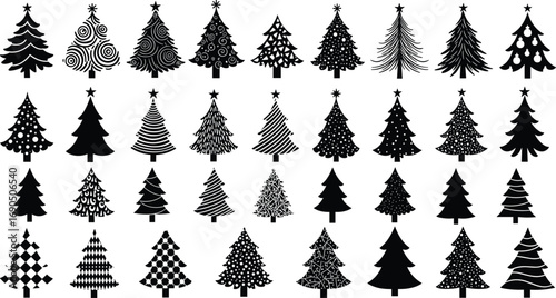 Decorative black silhouette Christmas trees with stars, patterned holiday pine tree icons, winter festive vector set, seasonal evergreen designs