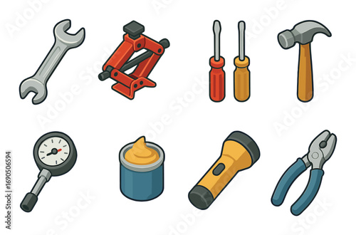 Collection of hand tools: wrench, clamp, screwdrivers, hammer, gauge, grease, flashlight, pliers