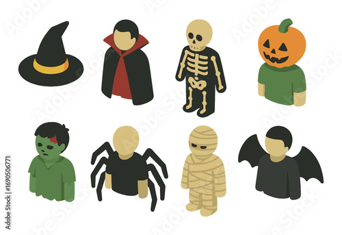 Isometric halloween costumes: witch, vampire, skeleton, pumpkin, zombie, spider, mummy, bat