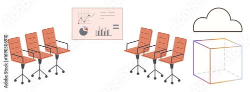 Office chairs face an analytics dashboard, complemented by a cloud icon and transparent cube. Ideal for teamwork, data analytics, remote work, innovation, brainstorming, technology, simple flat