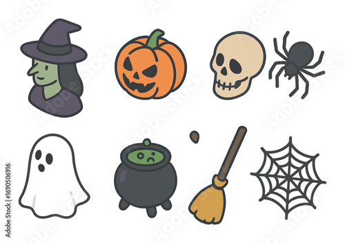 Halloween icons: witch, pumpkin, skull, spider, ghost, cauldron, broom, web