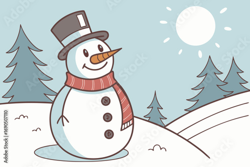 Vector art of a smiling snowman with a top hat stands amidst snowcovered hills and pine trees under a bright sun, capturing the essence of a cheerful winter scene