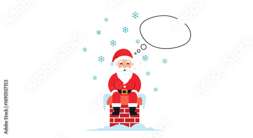Joyful Santa Claus contemplates Christmas wishes while seated on a snowy chimney