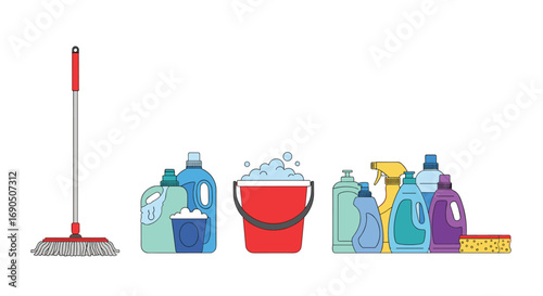 Sparkling clean home essentials collection featuring mop, bucket, and assorted cleaning supplies