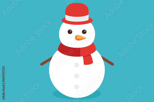 Vector art of a cheerful snowman with a red hat and scarf stands against a serene blue backdrop, radiating winter joy and festive cheer in a simple, charming design