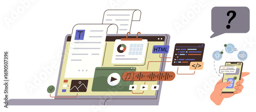Laptop showcasing multimedia tools thumbs up text, charts, audio, coding, and design paired with mobile synchronization. Ideal for technology, education, coding, web design innovation