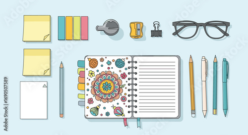 Organized desk essentials, cute stationery, colorful planner, and writing tools create a productive workspace vibe